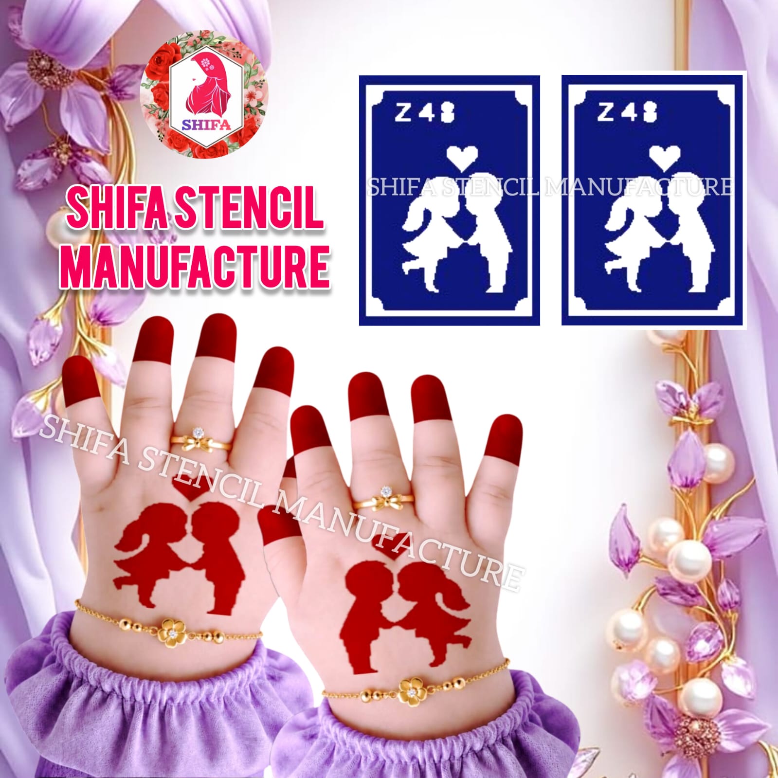 Z 48 Sweetheart Couple Sticker overview Henna Stencil - Shifa Stencil
